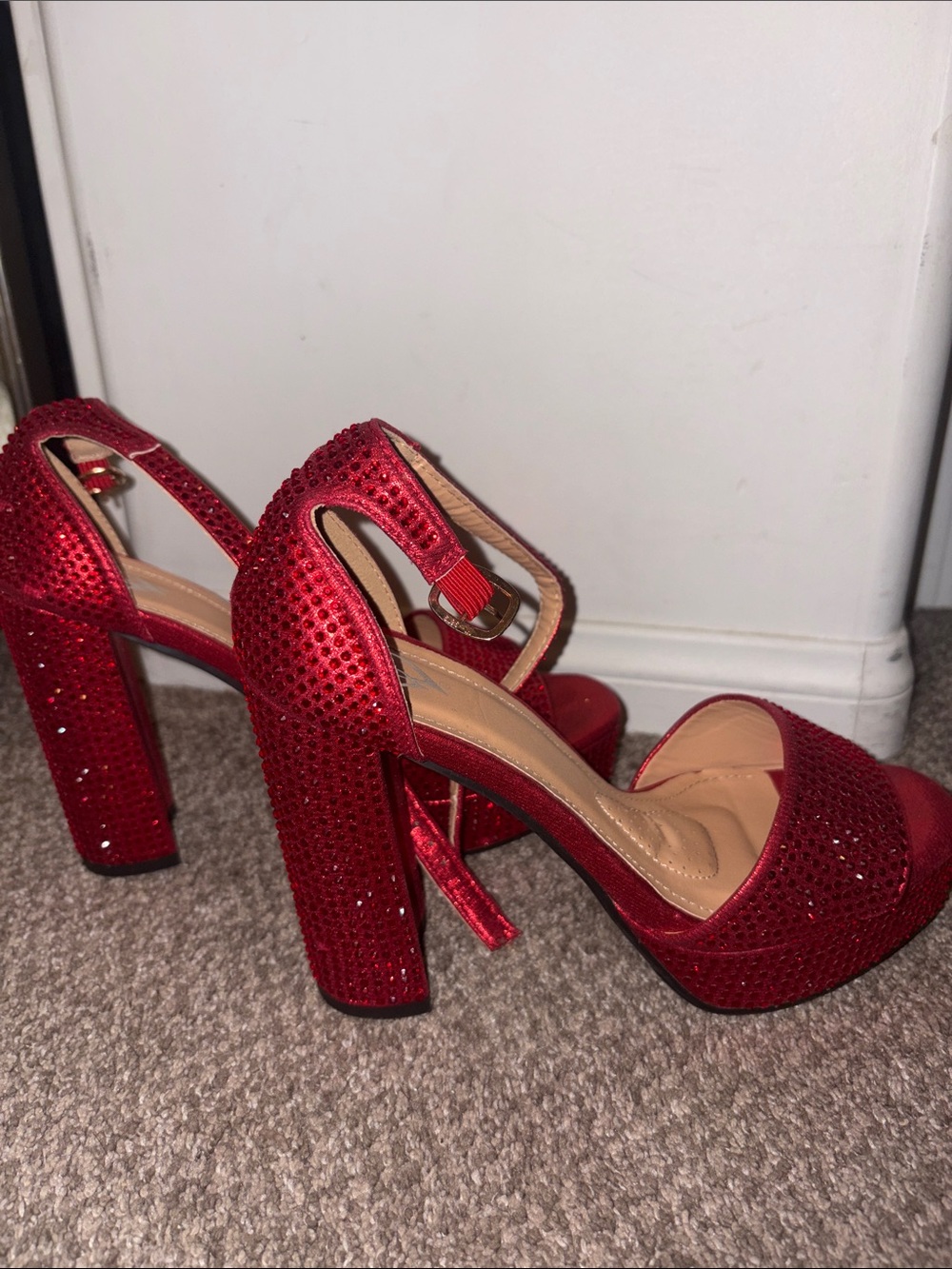 Red Rhinestone Platform Block Heel Sandals - Women